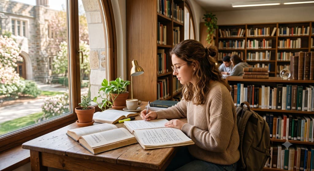Estudiante concentrada con materiales de estudio