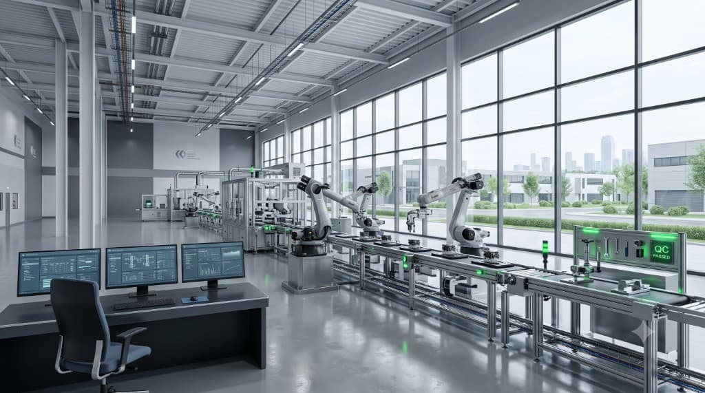 Robots industriales en una línea de producción moderna